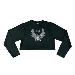 Y2K Harley Davidson Women’s Cropped Black Silver Studded Eagle Crewneck Shirt